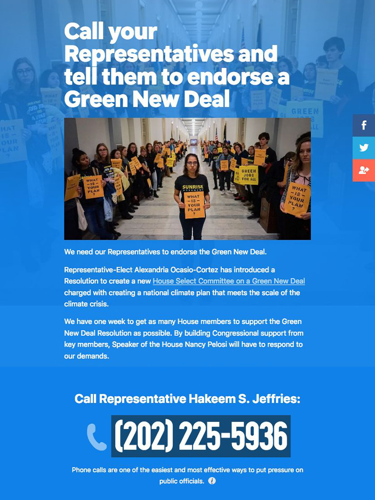 Screenshot of a webpage that helps United States residents call their elected officials to support the Green New Deal.