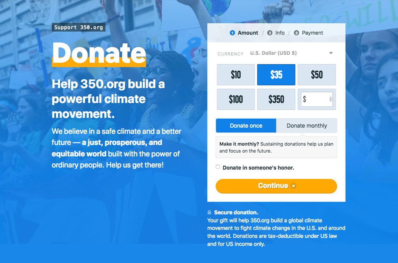 Screenshot of 350.org's main donation page.