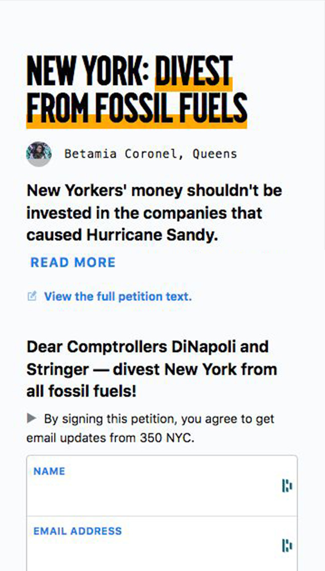 Screenshot of a local petition webpage for a Divest New York campaign