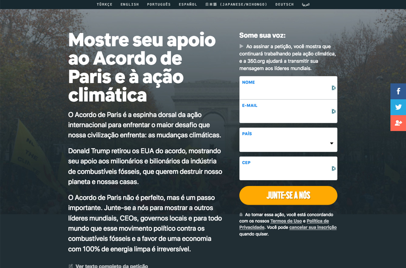 Screenshot of a Portuguese-language petition page from the 2015 Paris climate conference