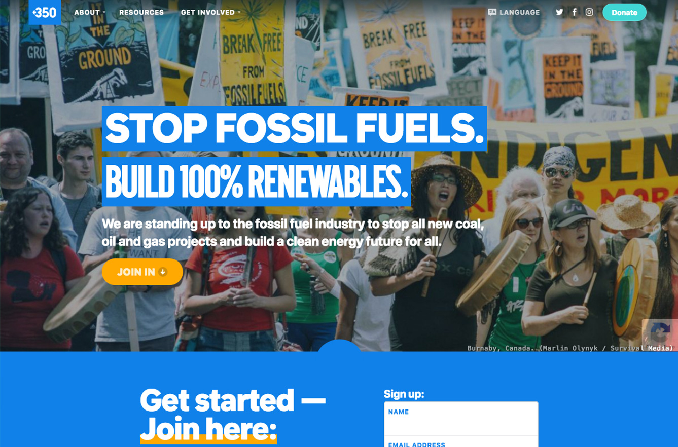 Screenshot of the 350.org homepage. Reads 'Stop Fossil Fuels. Build 100% Renewables.'