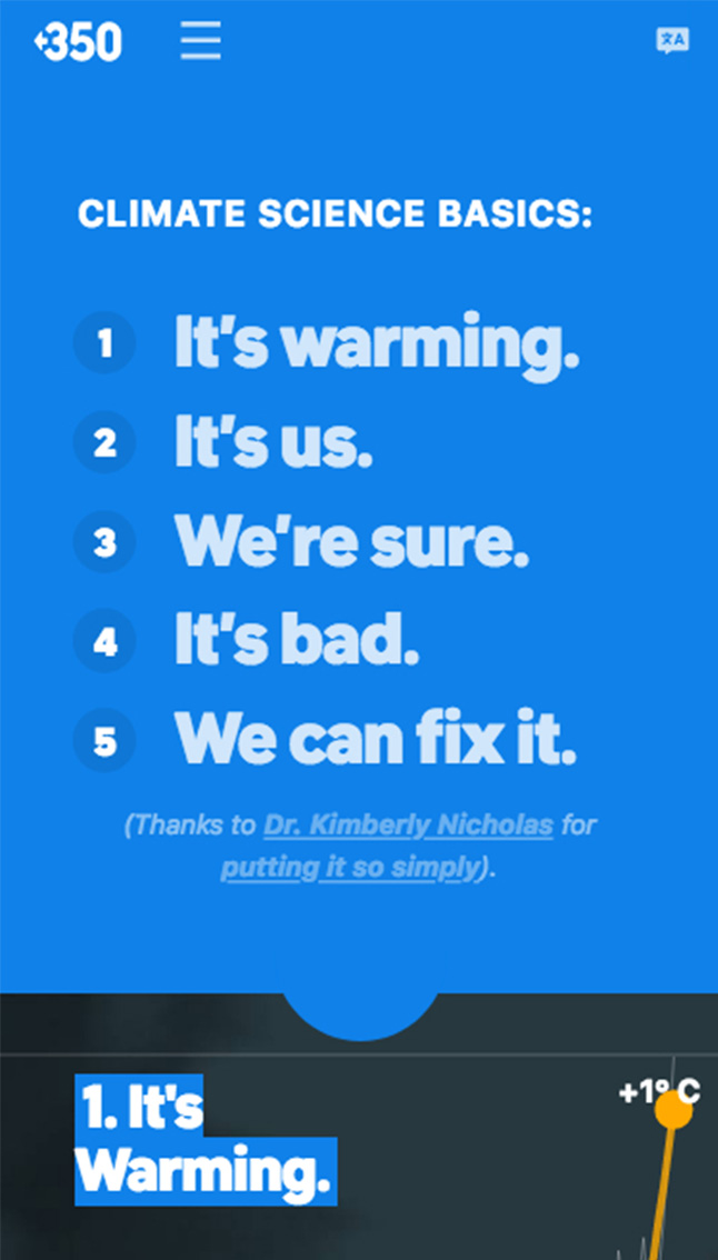 Screenshot of the 'Science' page on 350.org, reads '1. It's Warming, 2. It's us, 3. We're sure, 4. It's bad, 5. We can fix it.