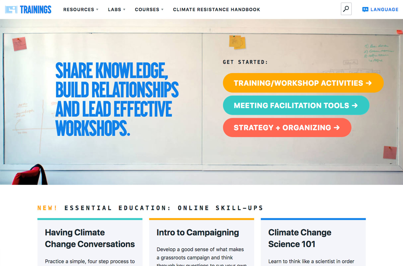 Screenshot of 350 Trainings website, text reads 'Share Knowledge, Build Relationships, and Lead Effective Workshops.'