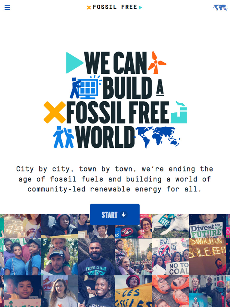 Tablet-sized screenshot of the gofossilfree.org homepage, with text reading 'We can build a fossil free world'.