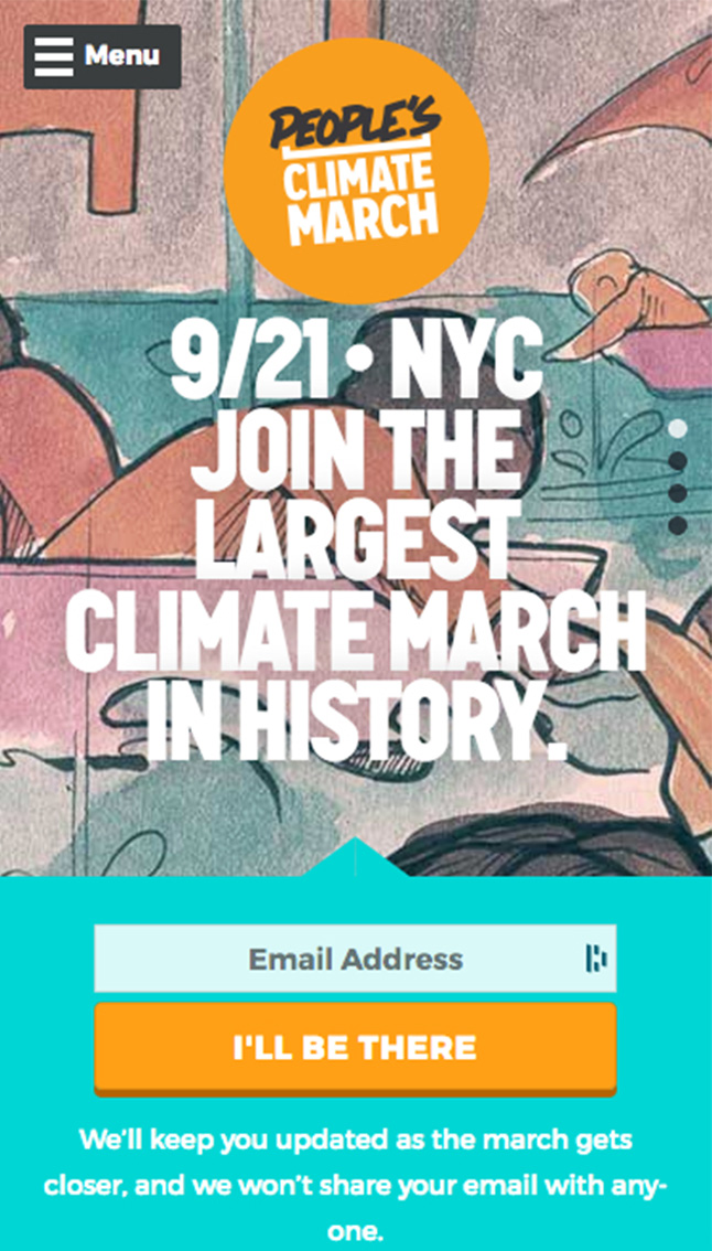 Mobile-sized screenshot of the People's Climate March website, with text reading 'NYC: Join the largest climate march in history'.