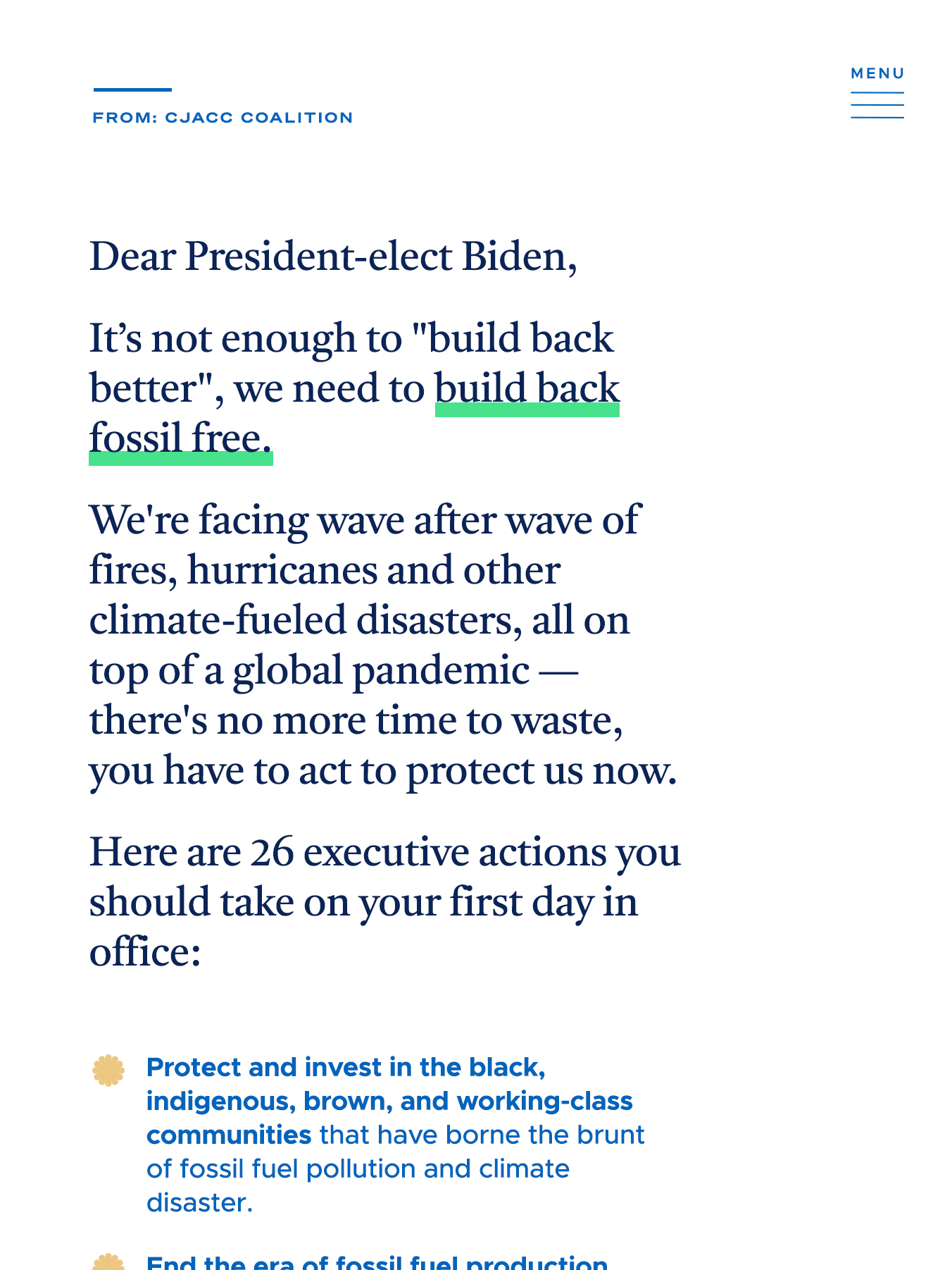 Screenshot of a webpage in an open letter, semi-presidential style.