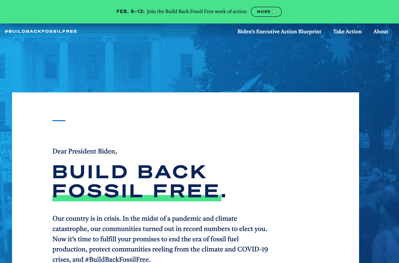 Screenshot of the buildbackfossilfree.org homepage.